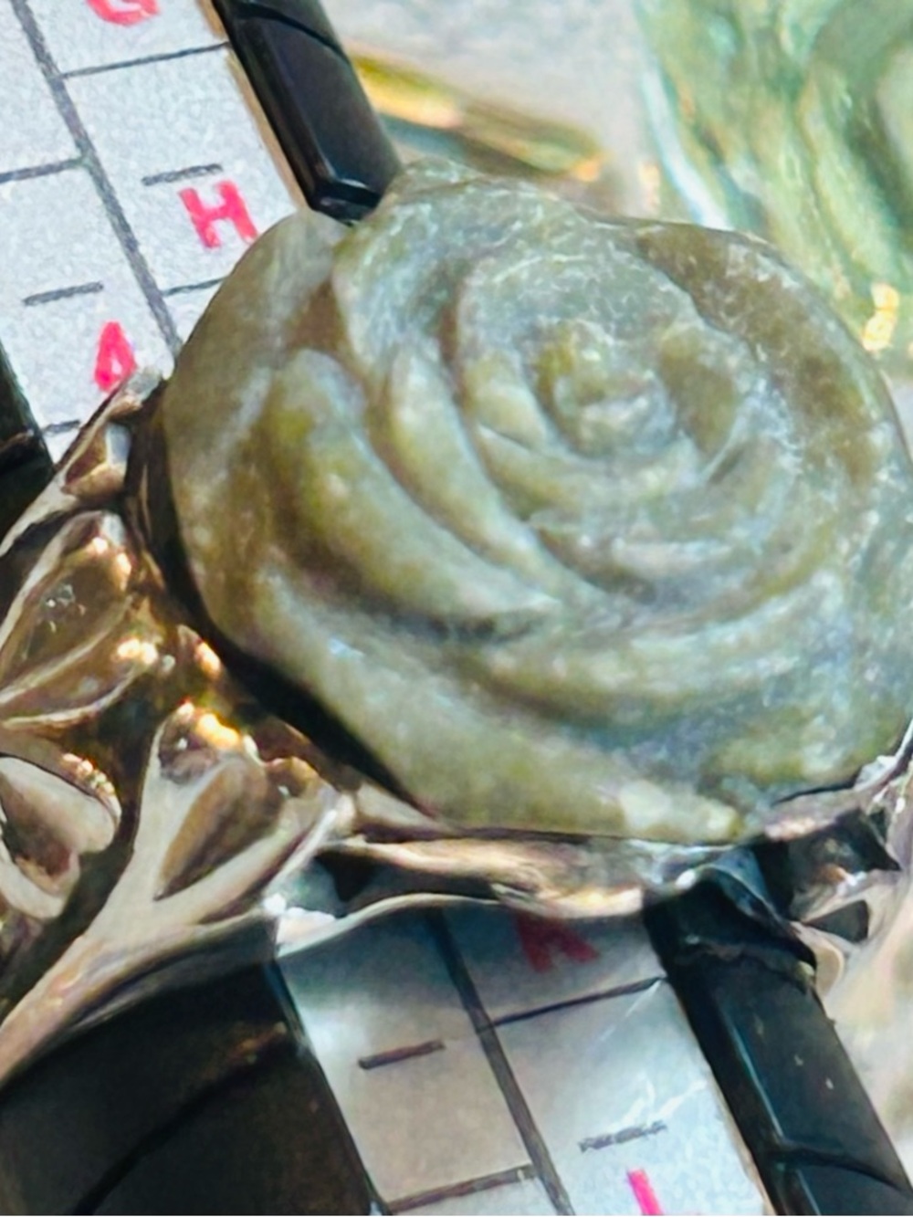 925 SS Carved Jade Rose Stone Statement Ring 💚 intricate detailed Band Sz 5